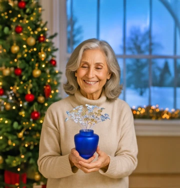 Smějící se maminka u vánoční stromku drží v ruce vánoční dárek, stříbrné květiny ve váze