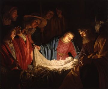 Obraz Klanění pastýřů od Gerarda van Honthorsta (1622) zobrazující narození Ježíše