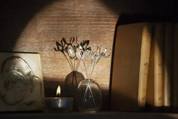 Stříbrné jmelí ve váze v knihovně se svíčkou