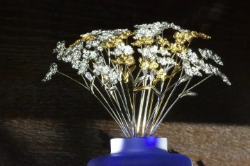 Jewellery bouquet of ten Forget-Me-Nots in silver and gold in a blue vase
