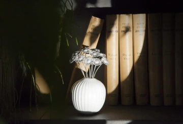 A vase of ten daisies in silver in the library. Home decoration