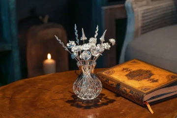 A bouquet of silver flowers in a glass vase at home