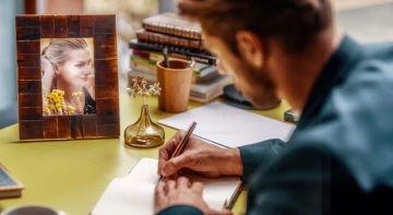Vase with jewelry flowers on a work desk with a man and a photo of a woman