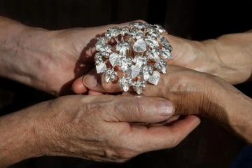 Bouquet of silver violets and violet leaves in hands of man and woman