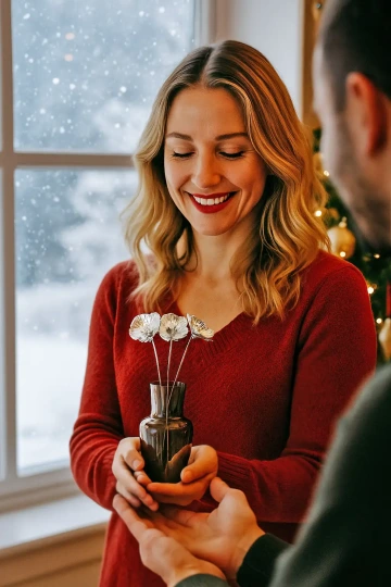 Krásná, smějící se žena s darovanou kyticí květin ze stříbra k Vánocům