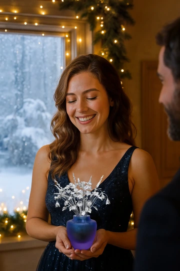 Muž předává ženě vánoční dárek, kytici zlatých květin GIYOU