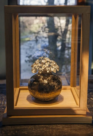 Stříbrné fialky ve vitríně pro vánoční dekoraci